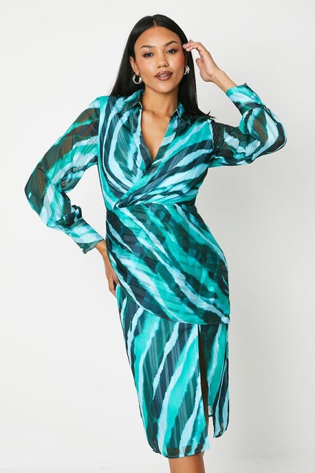 Printed Satin Wrap Front Shirt Dress