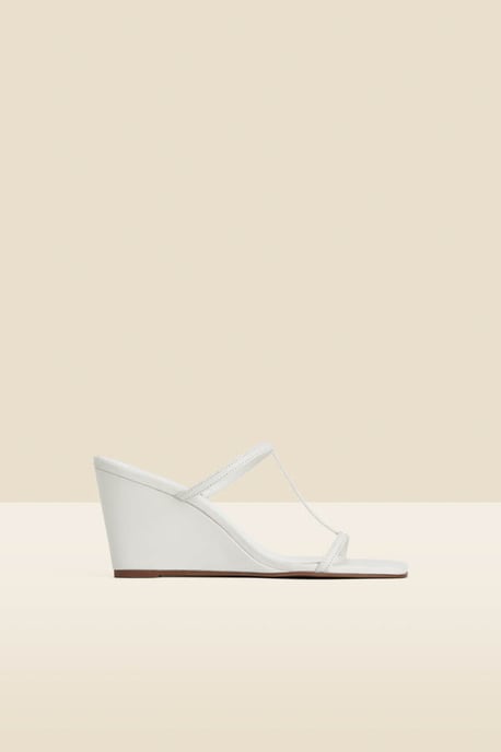White Leather Square Toe Strappy Wedged Mules