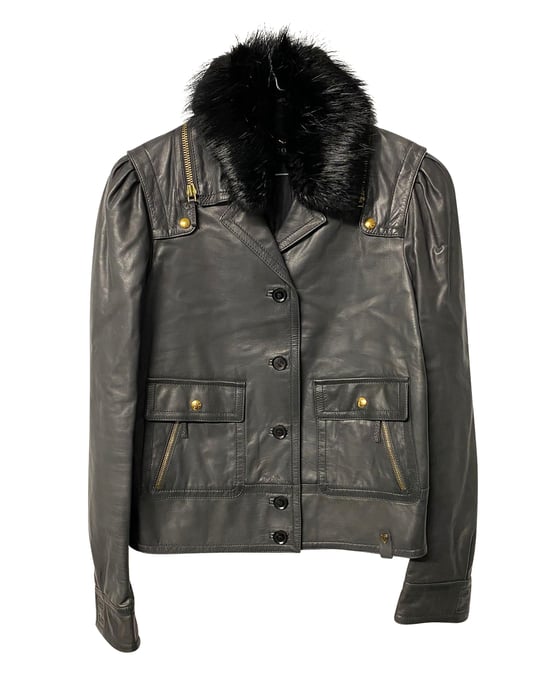Gucci Jacke mit Fellkragen aus schwarzem Leder - Image 5