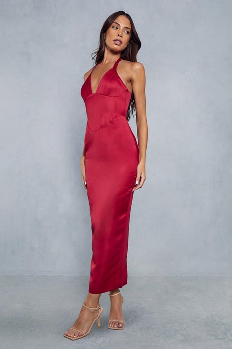 Premium Satin Corseted Pleated Bust Bodycon Midaxi Dress