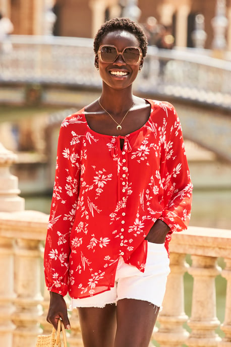 Red Floral Print Button Front Blouse