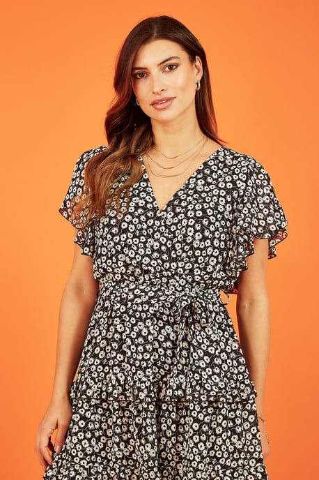 Black Floral Wrap Skater Dress