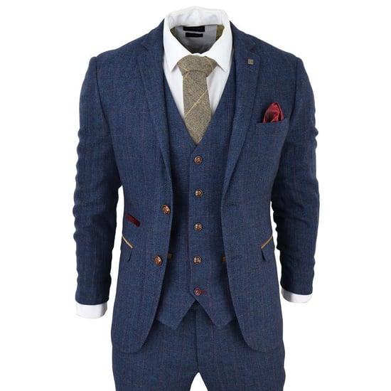 Herren Blaue Tweed-Karo 3-Teiliges Anzug - Image 2