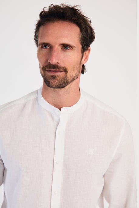White Linen Blend Long Sleeve Button-Up Shirt With Grandad Collar - Image 4