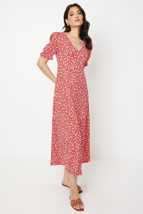 Red Ditsy V Neck Short Sleeve Midi Dress - Image 1