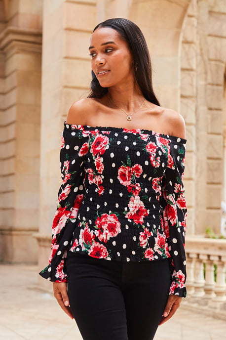 Black & Pink Floral Print Shirred Body Bardot Top