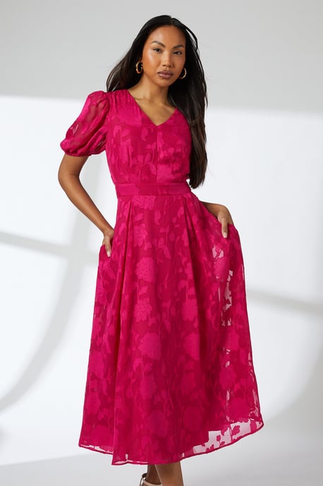 Pink Floral Jacquard Puff Sleeve Midi Dress