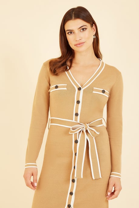Camel Knitted Shirt Dress With Contrast Border