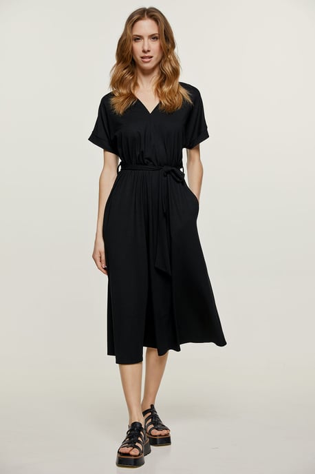 Black Jersey Belted Midi Dress