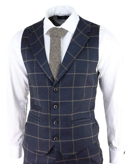 Herren Marineblau Karierter 3-Teilig Tweed Anzug Peaky Blinders 1920er Gatsby Schmaler Schnitt - Image 4