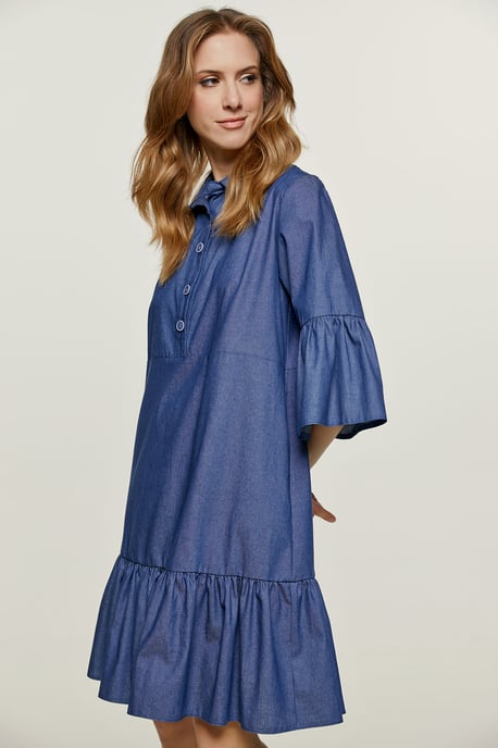 Denim Kleid mit Glockenärmeln und Rüschensaum - Image 3