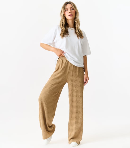 Textured Elastic Waist Pull On Trousers