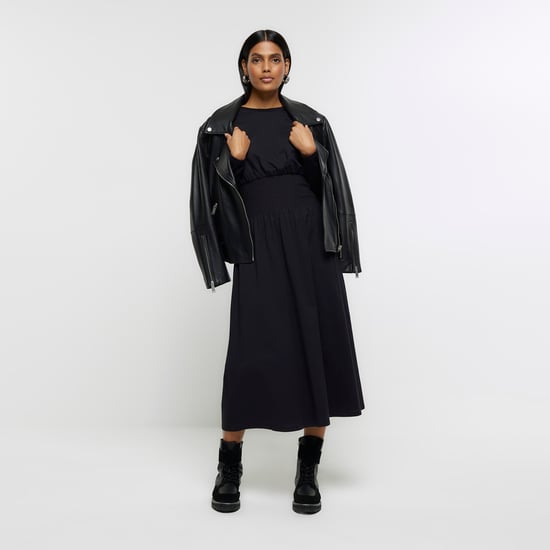 River Island Womens Midi Dress Black Shirred Waist