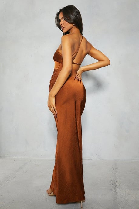 Satin Asymmetric Strap Pleated Waist Low Back Maxi Dress - Image 3