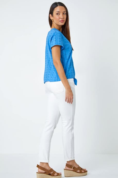 Tie Front Cotton Broderie V-Neck T-Shirt