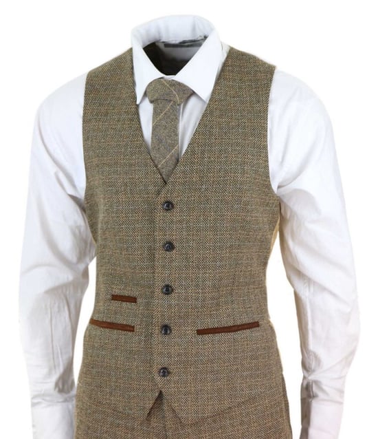 Herren 3-teiliges braunes Tweedkaromuster Vintage Retro Anzug - Image 2