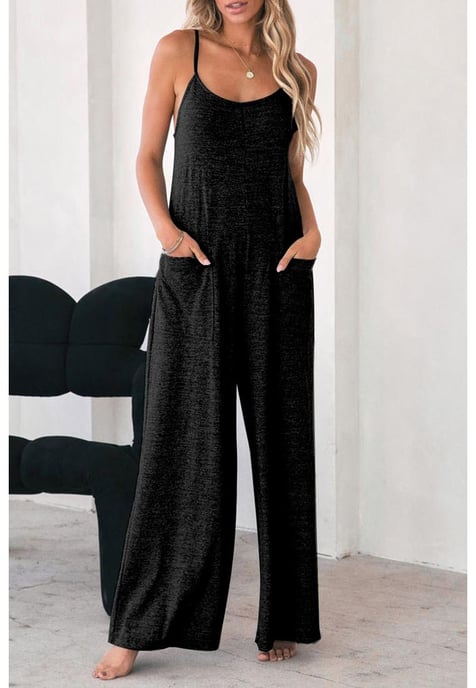 Damen-Jumpsuit mit Spaghettiträgern und weitem Bein und Seitentaschen in Schwarz - Image 1