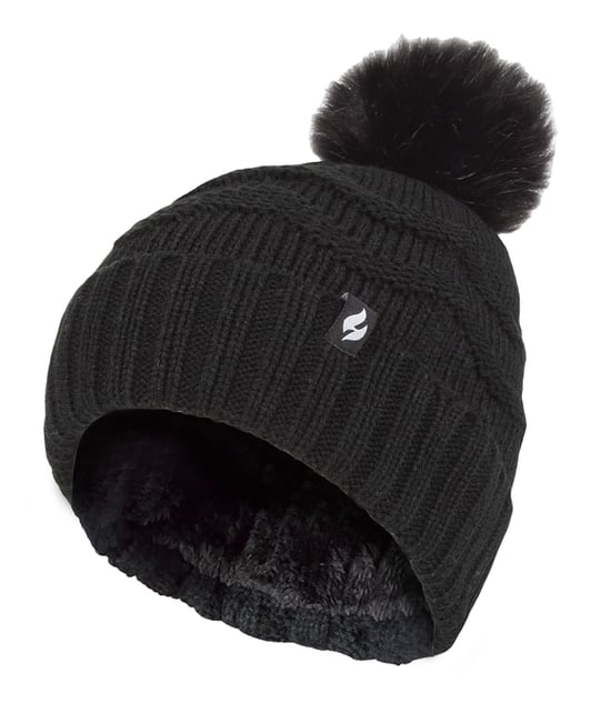 Damen Winter Pelz Beanie Mütze | Wärmehalter | Zickzack gemusterte Pom Pom Hut | Womens Thermal Cuff Bobble Hat - Schwarz - Image 1