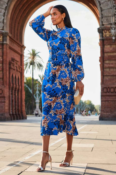Blue Baroque Print Keyhole Detail Belted Fit & Flare Dress