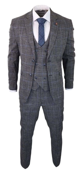 3-teiliger klassischer Tweed-Anzug für Herren im Vintage-Stil, Grau mit blauem Karomuster - Image 2