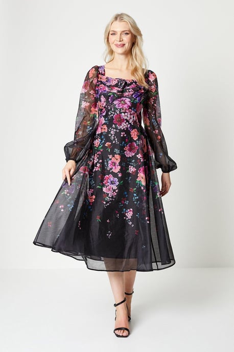 Organza Panelled Print Midi Dress