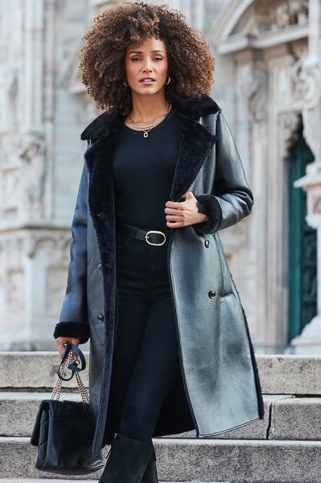 Black Premium Faux Shearling Trench Coat