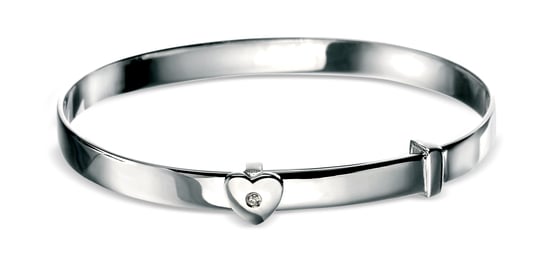 D for Diamond Children's Engravable 925 Sterling Silver, Rhodium Plated, Diamond Heart Christening Bangle, Naming Engraved for Baby Boy, Girl, Kids and Child Jewellery