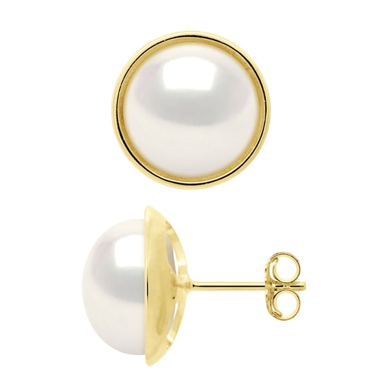 Earrings - Surroundings Sleek - Prestige - Yellow Gold - Real Cultured Freshwater Pearls Button 10-11 mm