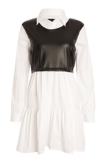 White & Black Faux Leather Shirt Dress