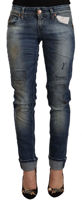 Acht Damen Blaue Gewaschene Niedrigbund Gefaltete Saum Slim Fit Jeans - Image 1
