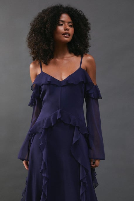 Chiffon Cold Shoulder Ruffle Detail Maxi Dress - Image 2