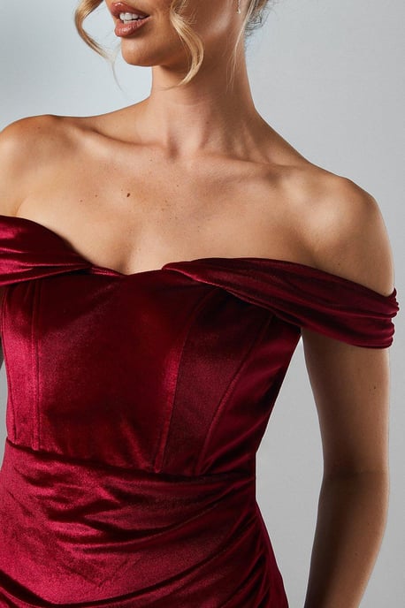 Corset Bardot Velvet Bridesmaids Maxi Dress