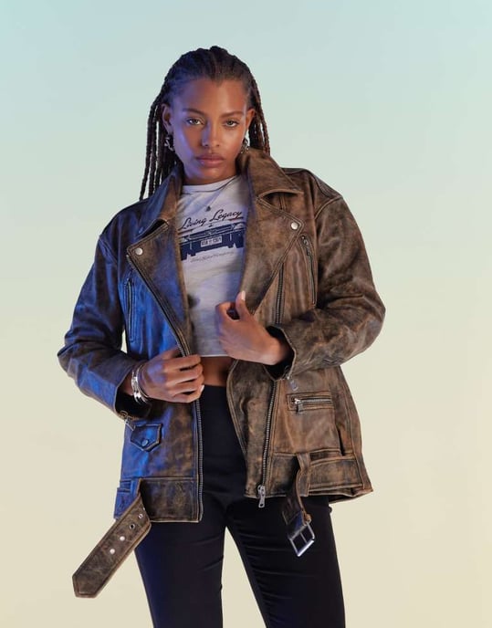 ASOS DESIGN premium washed real leather oversized biker jacket in brown - Image 1