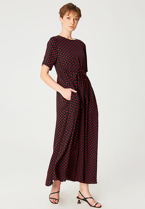 Midi tunic dress with drawstring belt and polka dot print