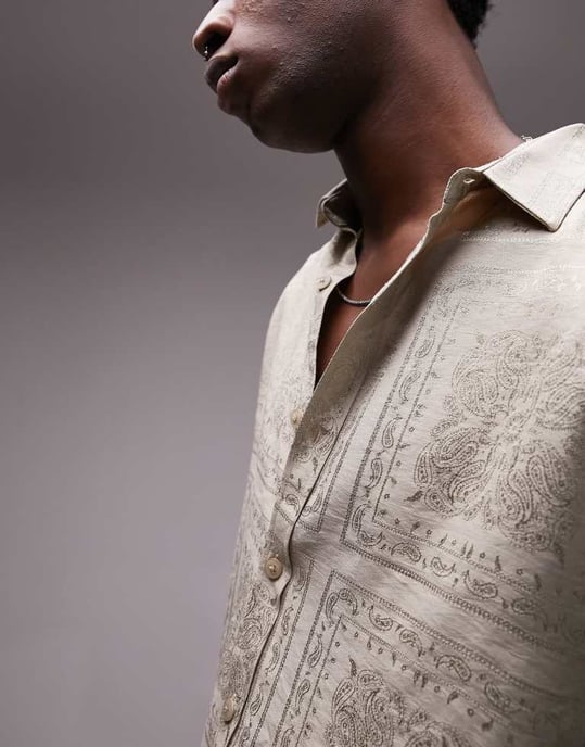 Topman short sleeve relaxed fit bandana jacquard shirt in stone-Neutral