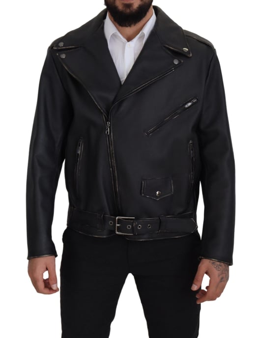 Dolce & Gabbana Schwarze Leder Bikerjacke mit Reißverschluss für Herren - Image 1
