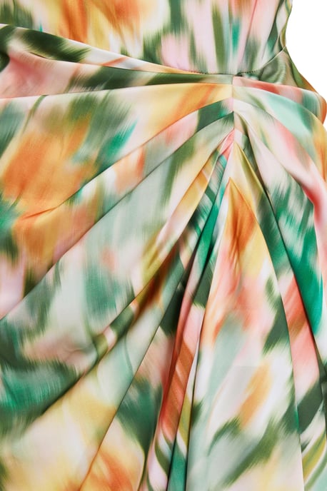 Multicoloured Satin Marble Print Ruched Midi Dress