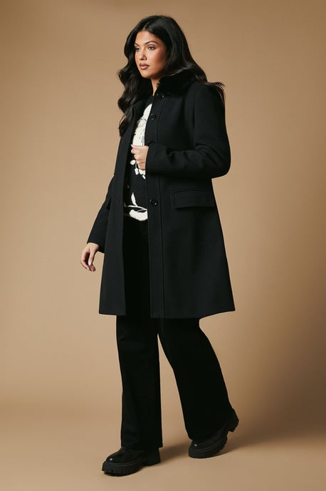 Faux Wool Button Through Dolly Coat With Fur - Image 2