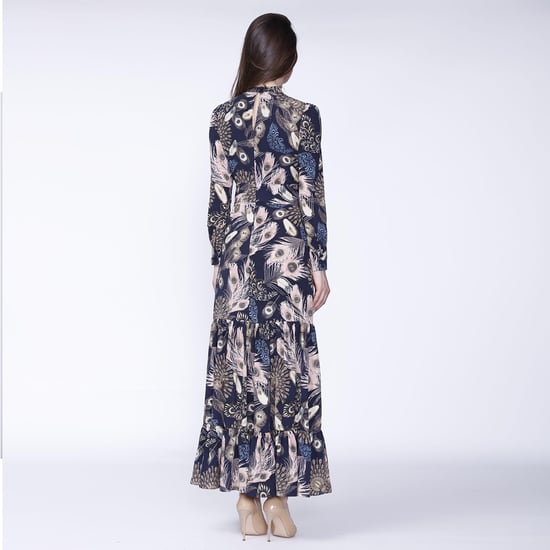 Langes Kleid im Bohème-Stil mit Rüschen und Federn bedruckt - Image 2