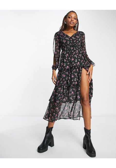 Miss Selfridge chiffon tiered maxi dress in spot floral print-Black