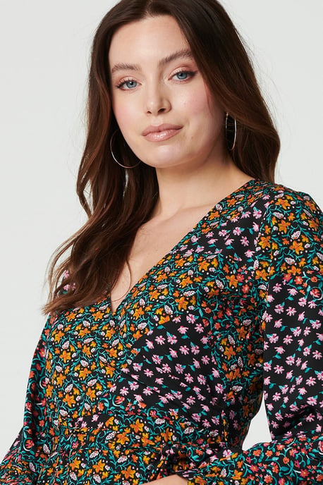 Black Patchwork Print Ruffled Wrap Dress