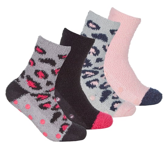 4 Paar Damen Bettsocken mit Grips| Thermische Anti-Rutsch flauschige Hausschuhe - Animal Print - Image 1