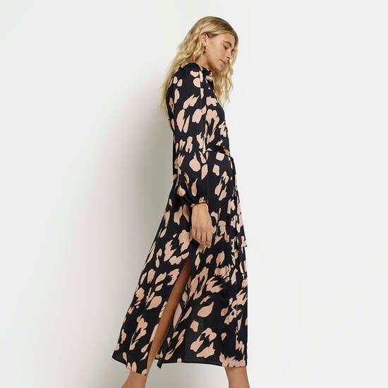 River Island Womens Midi Shirt Dress Black Satin Animal Print