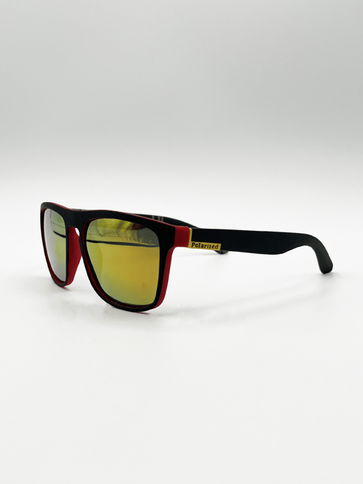 Matte Black Wayfarer Sunglasses with Orange Mirrored Lens - Image 2