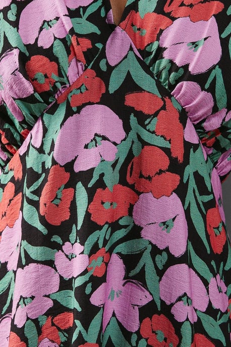 Floral Viscose V Neck Long Puff Sleeve Midi Dress - Image 5