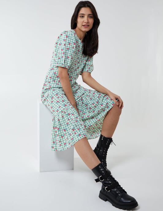 KAYLA - Puff Sleeve Smock Midi Dress