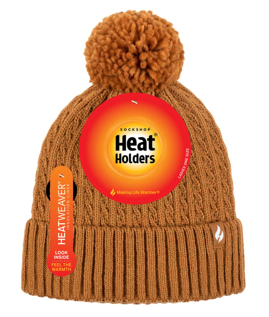 Ladies Thermal Cable Beanie Hat | Heat Holders | Winter Knitted Pom Pom Hat | Soft Ribbed Bobble Hat - Senf - Image 2
