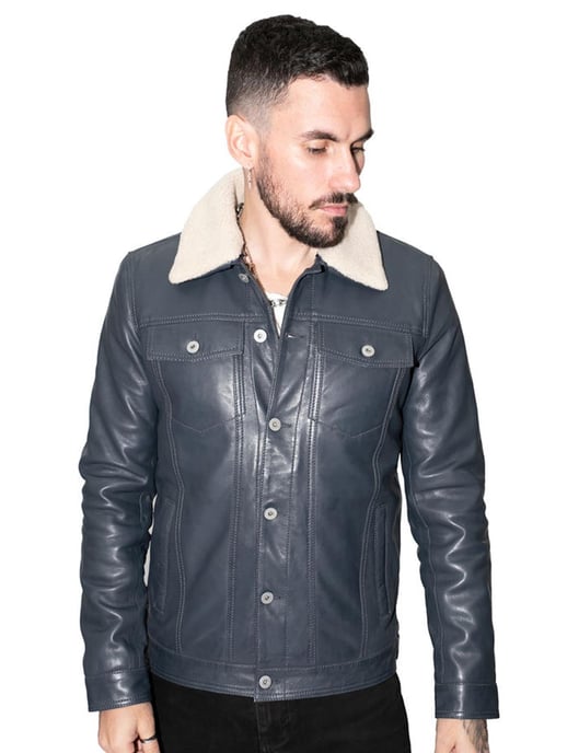 Mens Removable Collar Leather Trucker Jacket-Zagreb