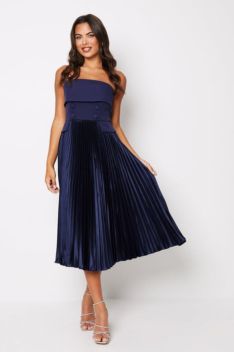 Button Front Bandeau Pleat Skirt Midi Dress - Image 1