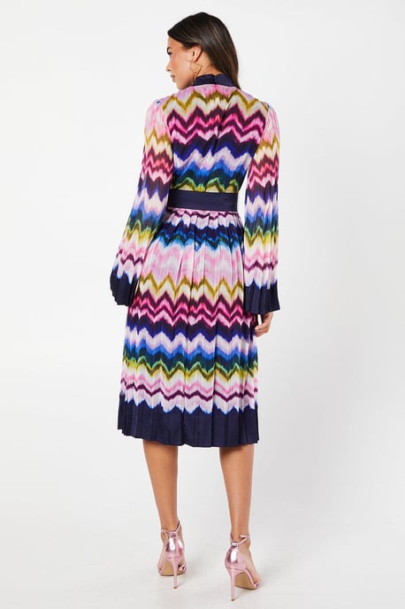 Stripe Print Pleated Long Sleeve Midi Dress